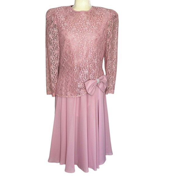 Vintage Pink Lace Dress Sheer Sleeves Bow 80s Party Prom Size 12 - Picture 1 of 12